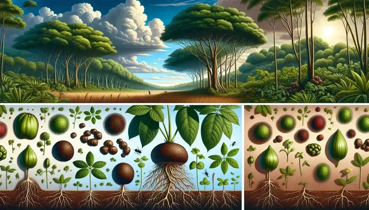 Paisaje natural con cielo azul y nubes, horizonte de árboles verdes, suelo fértil con plantas y nódulos de raíz, insectos cerca de raíces entrelazadas, iluminado por luz solar.