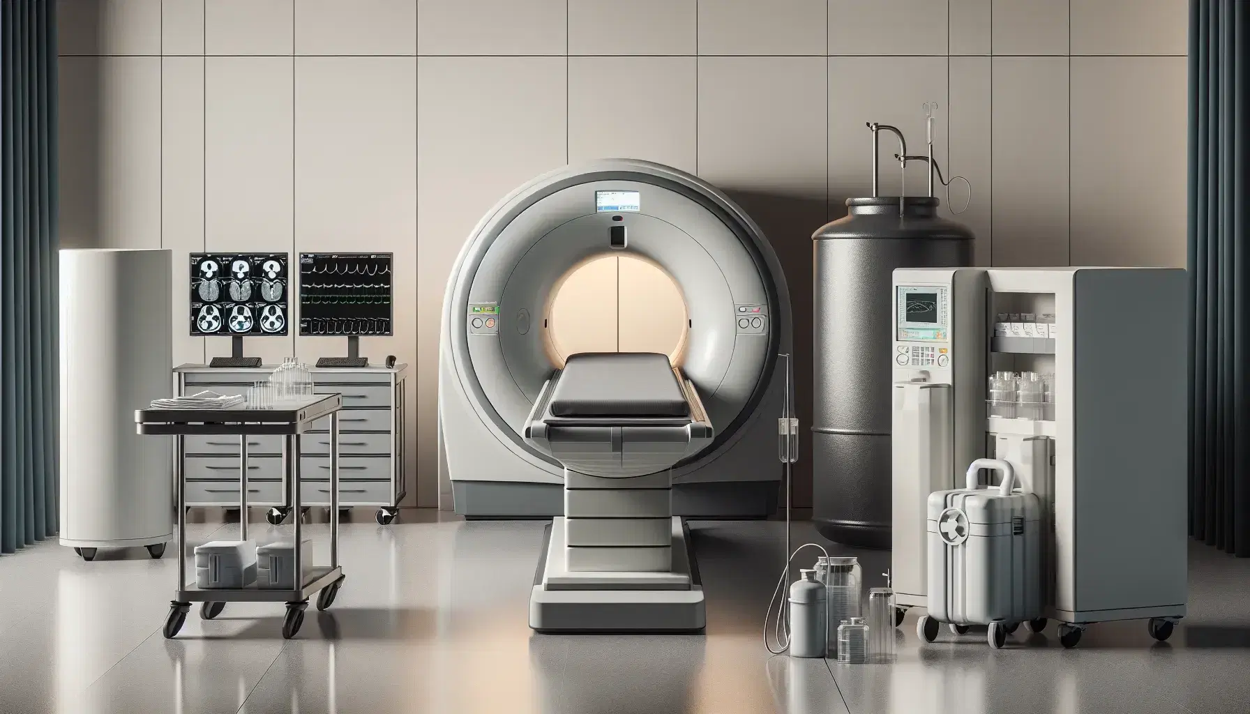 Sala diagnostica con scanner CT pronto all'uso, carrello medico attrezzato e monitor con grafici, in ambiente ospedaliero moderno e pulito.