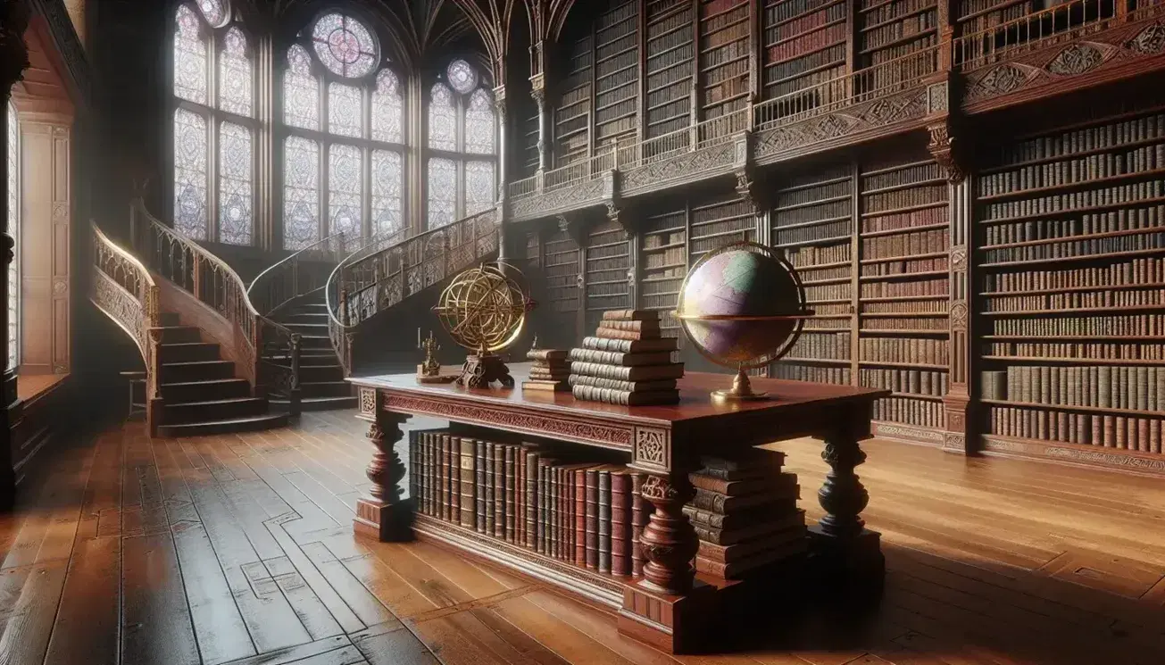 Biblioteca antigua con estantes de madera oscura llenos de libros, mesa central con libros y esfera armilar dorada, luz natural a través de vitral.