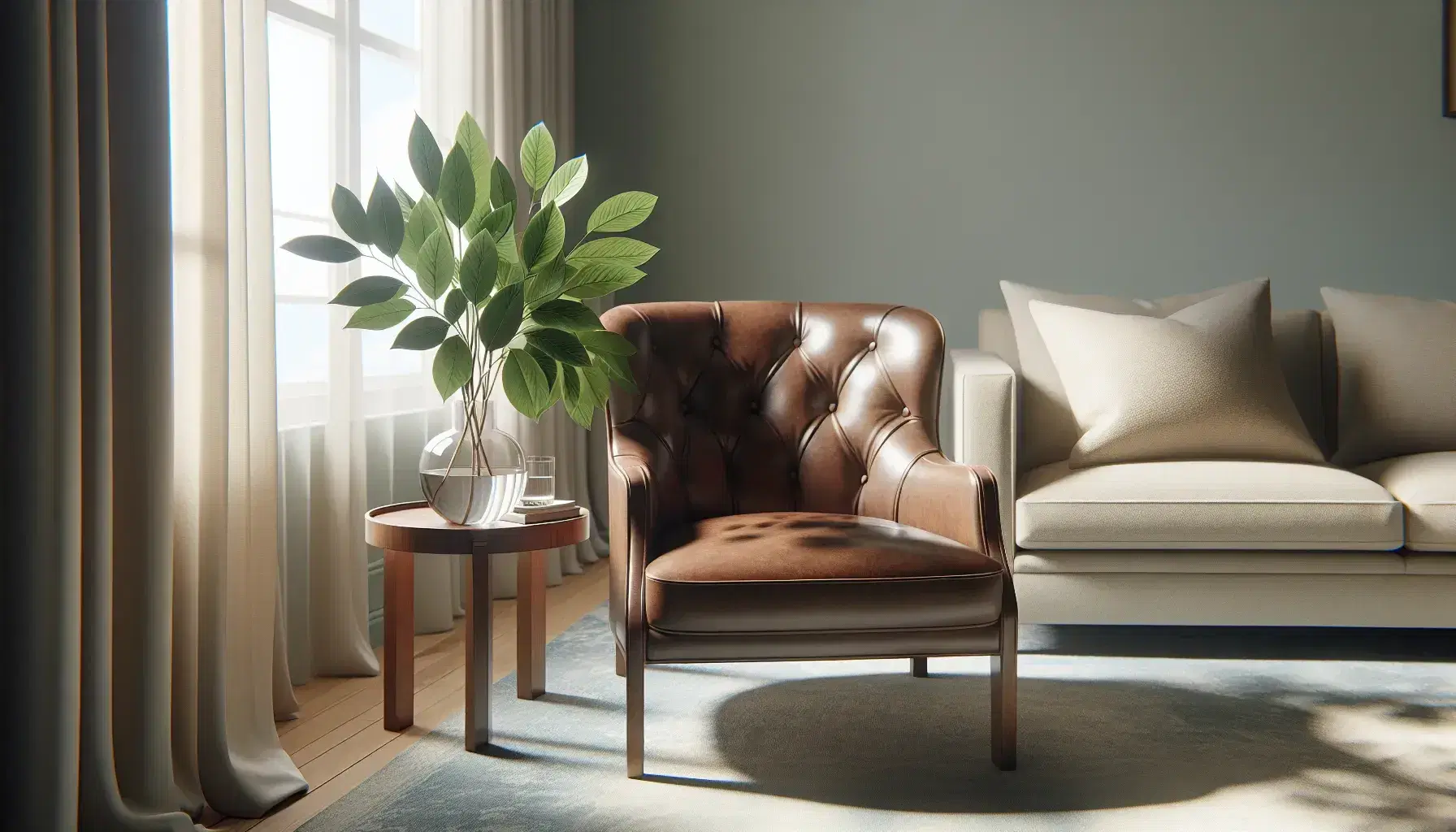 Serene therapeutic office with brown leather armchair, beige sofa, wooden coffee table, vase with green leaves and large windows with white curtains.