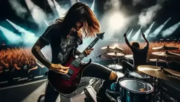 Chitarrista con capelli lunghi suona una chitarra elettrica rossa su palco illuminato, con batterista e folla entusiasta sullo sfondo.