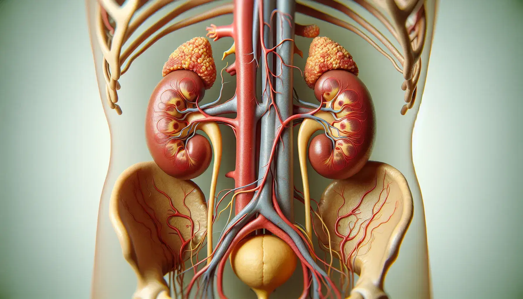 Vista anatómica detallada de riñones humanos con glándulas suprarrenales, arterias, venas y vejiga en su ubicación natural.
