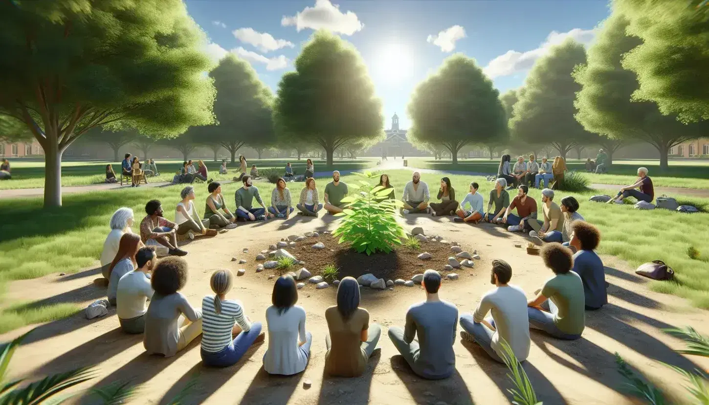 Grupo diverso de personas sentadas en círculo alrededor de una planta joven en un parque soleado, conversando activamente en un ambiente natural y tranquilo.