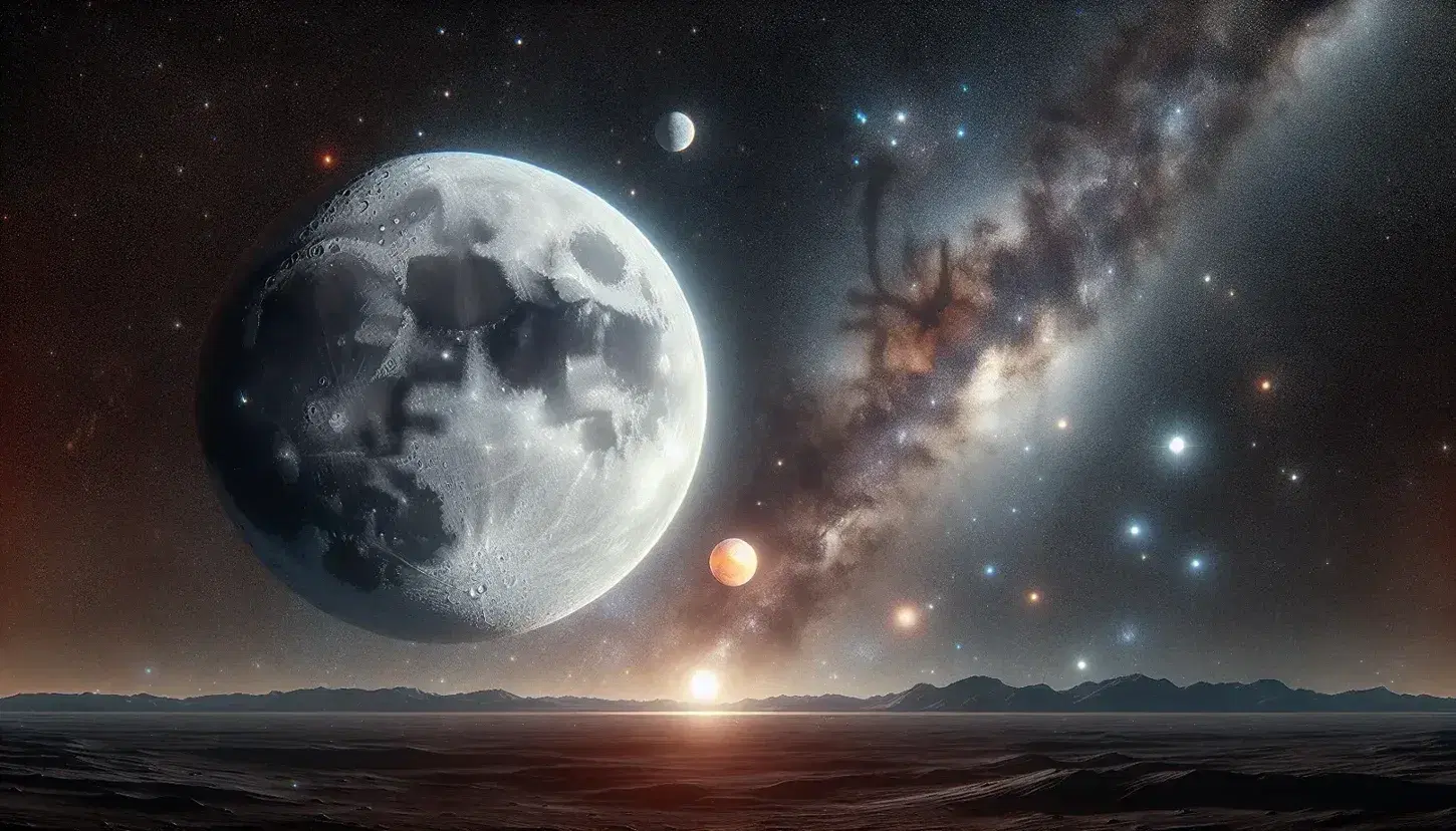 Cielo notturno stellato con Via Lattea visibile, luna piena dettagliata in primo piano, silhouette di montagne e riflesso lunare sul mare calmo.