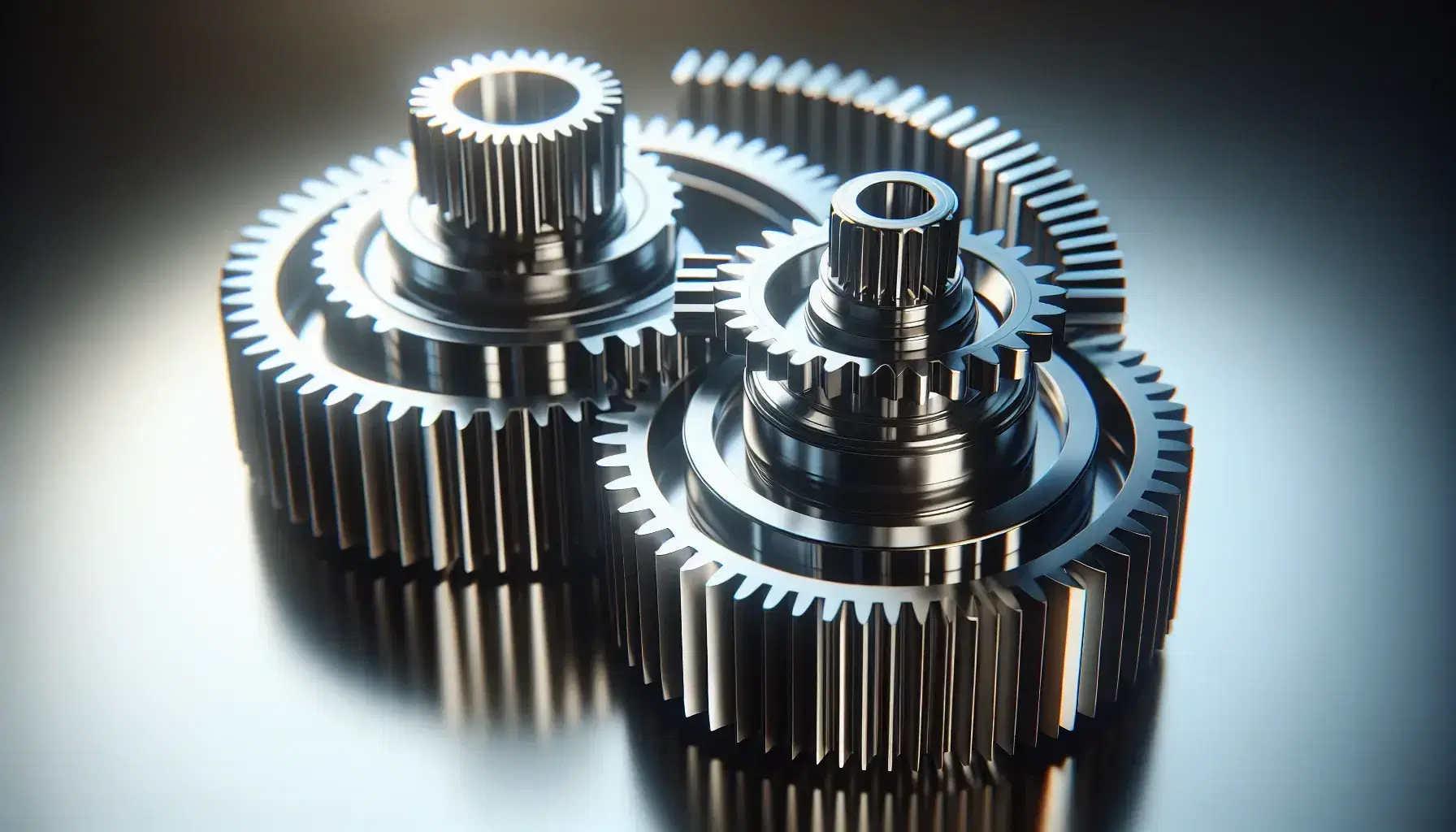 Interlocking mechanical gears in the foreground, with perfectly aligned teeth and light reflection, on a dark to light gradient background.