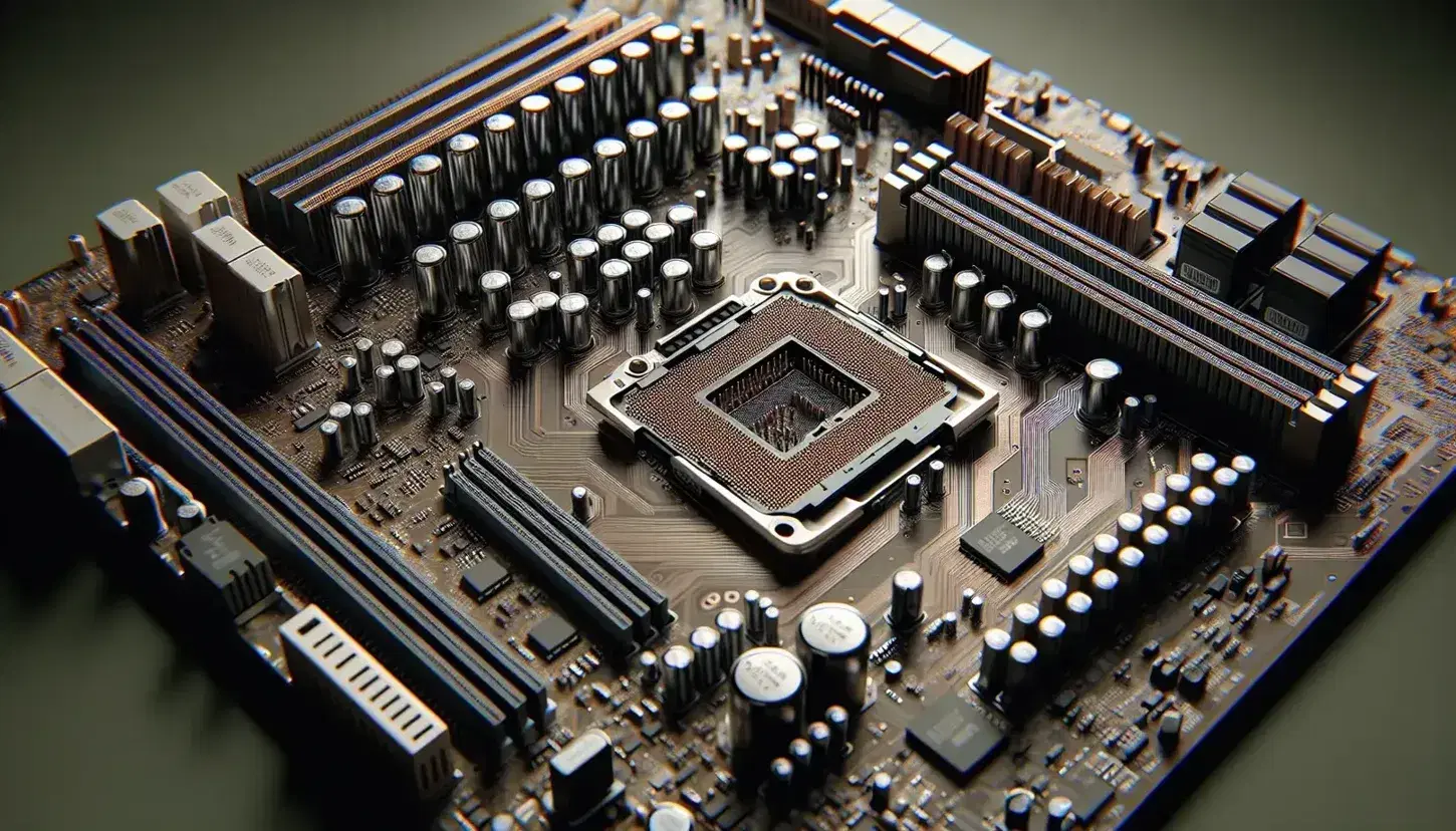 Primer plano de placa base de computadora con condensadores metálicos, ranuras de expansión, zócalo de CPU vacío, y slots de RAM en fondo desenfocado.
