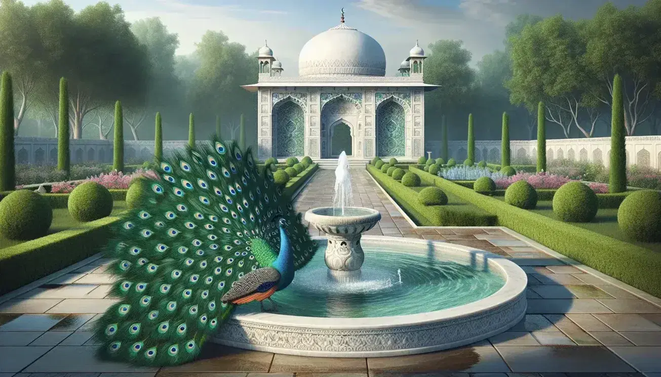 Peacock displaying feathers on a stone fountain in a Mughal garden with a marble pavilion, lush greenery, and a clear blue sky.