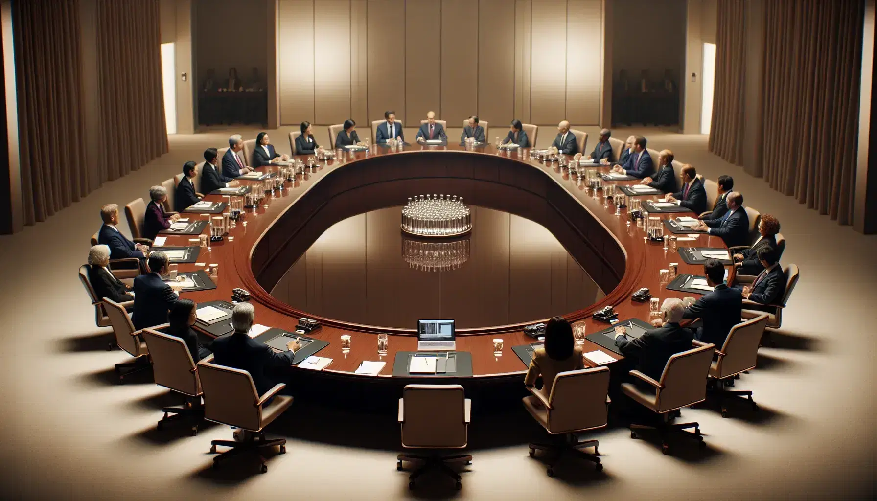 Diverse group of professionals in formal wear engaged in a meeting around a polished oval table with laptops and water bottles in a well-lit conference room.