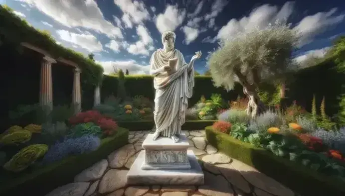 Escultura de mármol blanco de filósofo presocrático en jardín, con túnica y papiro, rodeado de plantas verdes y flores coloridas bajo cielo azul.