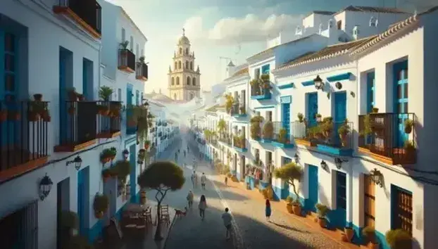 Casas encaladas con marcos azules y plantas en una calle empedrada de una ciudad andaluza, con personas paseando y una torre de iglesia al fondo bajo un cielo azul claro.