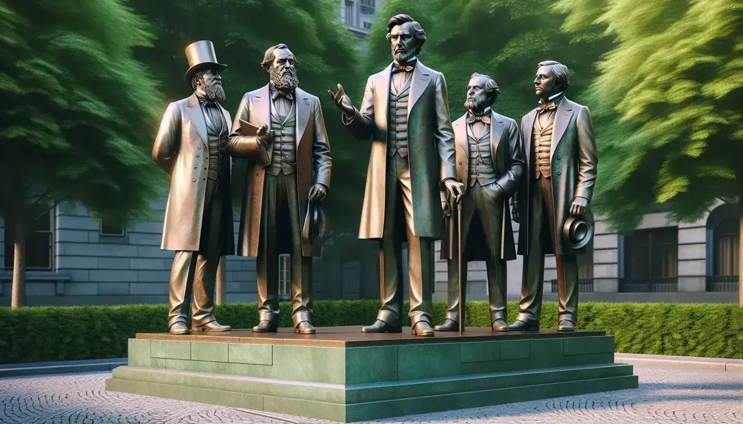 Three bronze statues in a park, with the central figure resembling Abraham Lincoln gesturing as if speaking, flanked by two other historical figures.