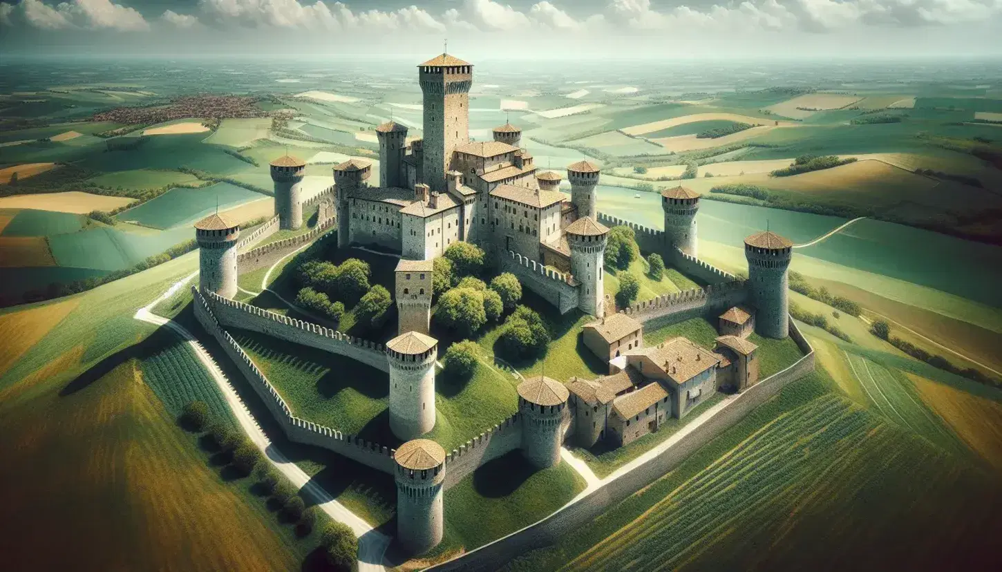 Castello medievale italiano su collina verde con mura in pietra grigia, torri quadrate, mastio con merlature e tetti rossi, circondato da campi.