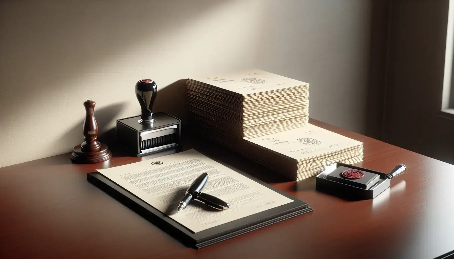 Escritorio de madera oscura con documentos apilados, sello de goma con tampón de tinta y pluma fuente en soporte plateado, iluminación suave y fondo crema.