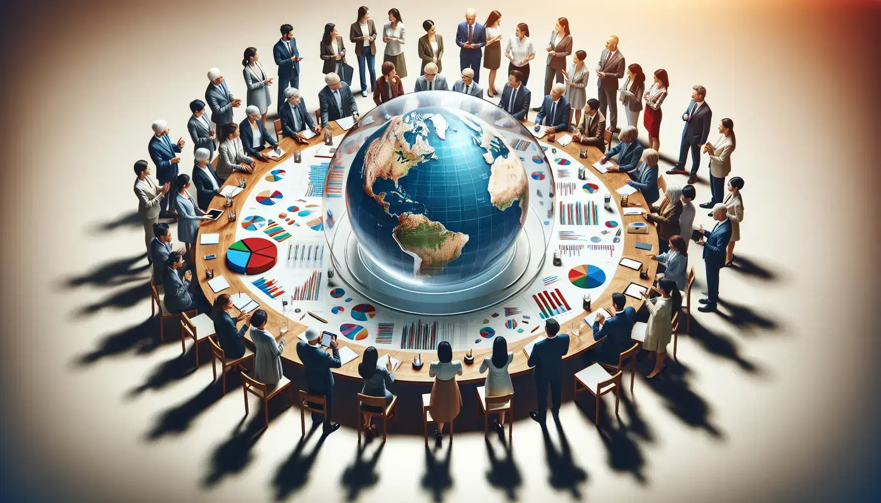 Grupo diverso de profesionales colaborando alrededor de una mesa con un globo transparente y gráficos coloridos, en un ambiente de trabajo iluminado.