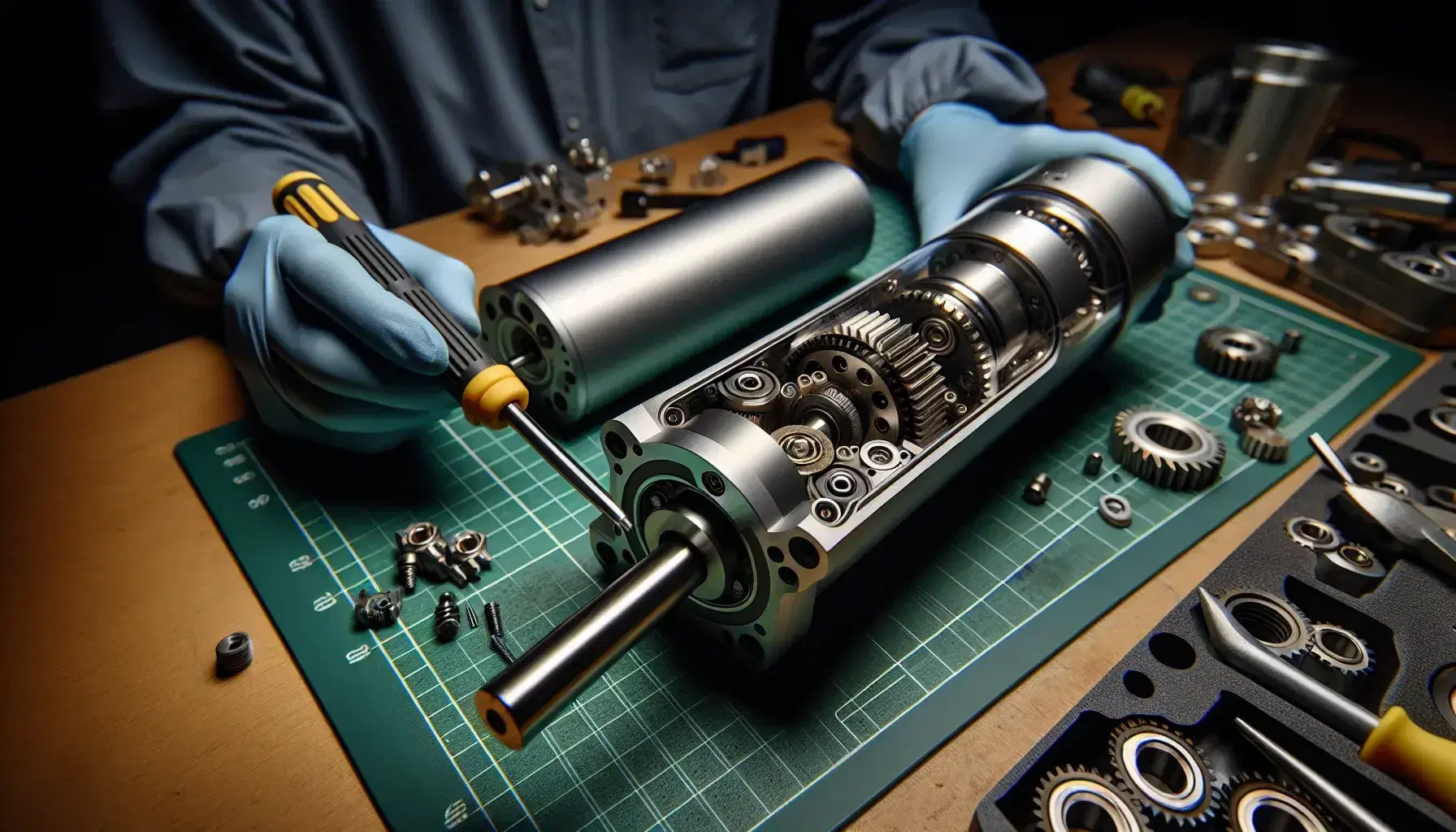 Close-up view of a disassembled electromechanical actuator with extended central rod, internal gears, and a technician holding a screwdriver.