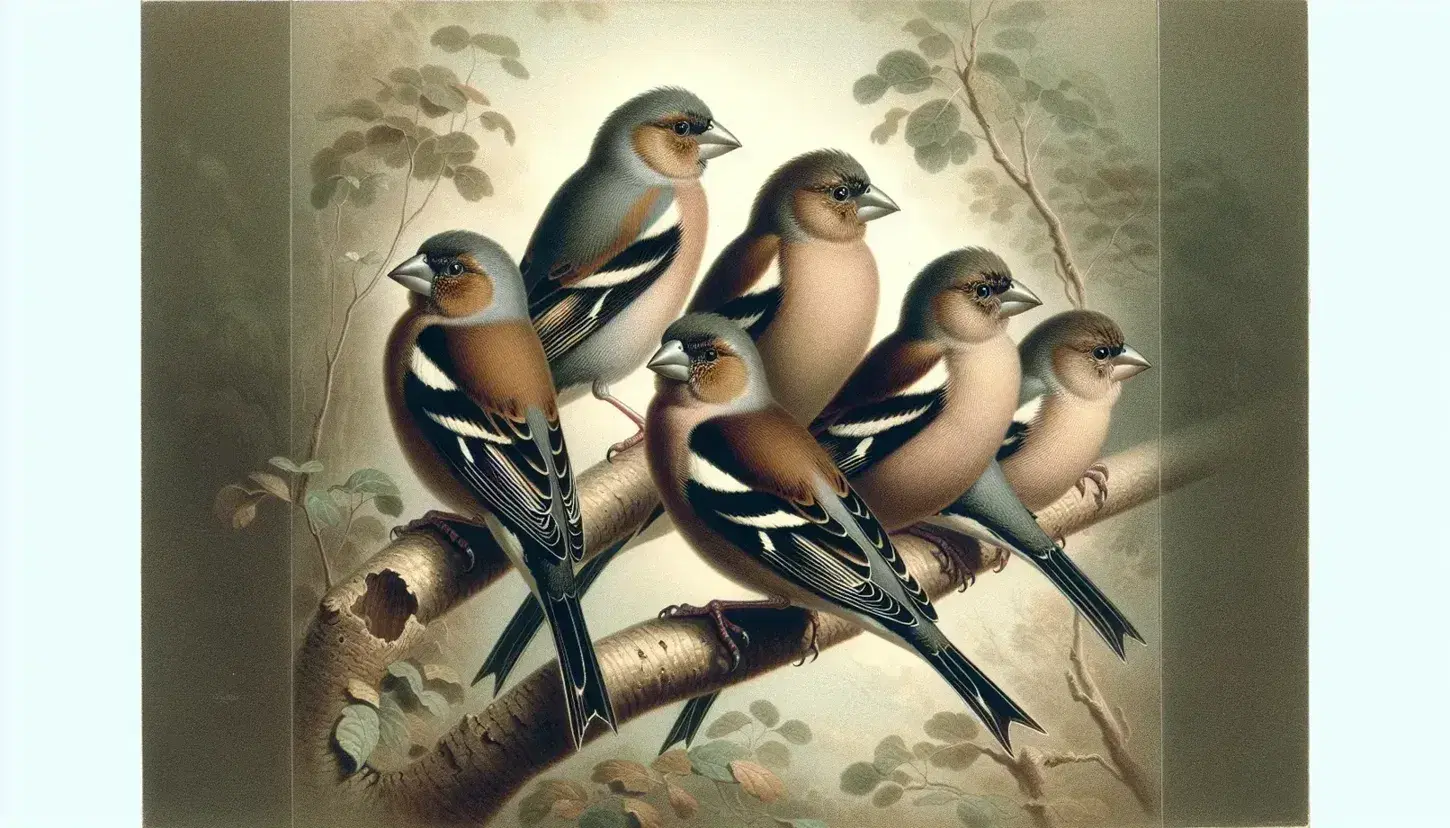 Grupo de cinco pinzones con variación en el tamaño y forma de sus picos posados en rama de árbol, rodeados de hojas verdes y fondo desenfocado.
