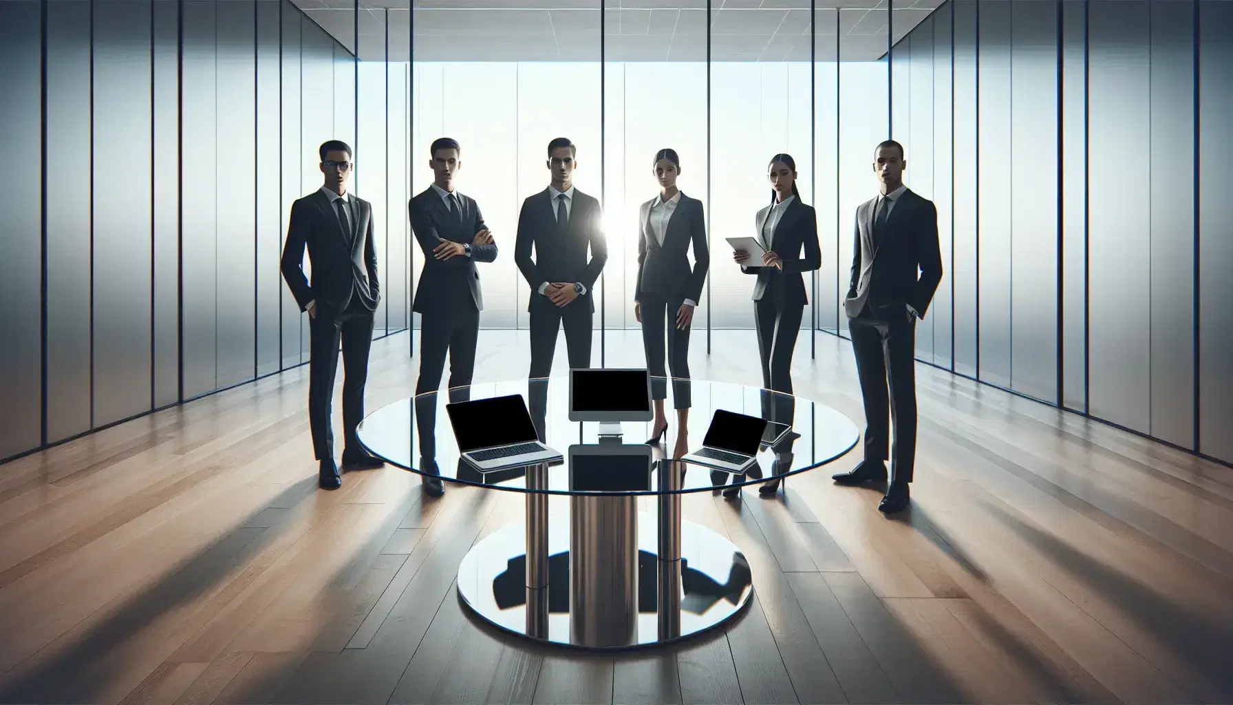 Grupo de cinco profesionales en reunión de trabajo en oficina moderna con mesa de vidrio y dispositivos electrónicos, bajo iluminación suave y ventana con cielo despejado.
