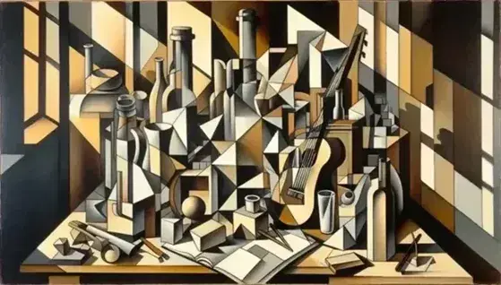 Pintura al óleo estilo cubista con guitarra, botella y periódico en tonos neutros, mostrando múltiples perspectivas y sombras.