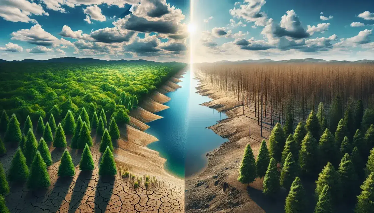 Paesaggio diviso in due: metà superiore con foresta verde e raggi solari, metà inferiore con terreno arido e lago a basso livello.