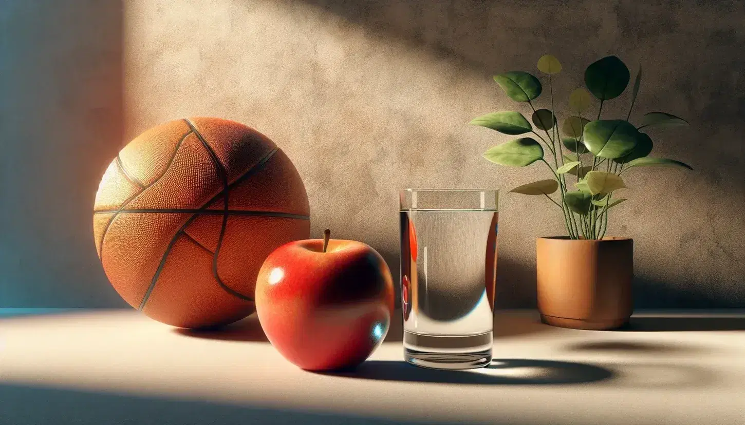 Red apple with stem and shadow on table, glass of water refracting light, orange basketball and green plant in brown pot.