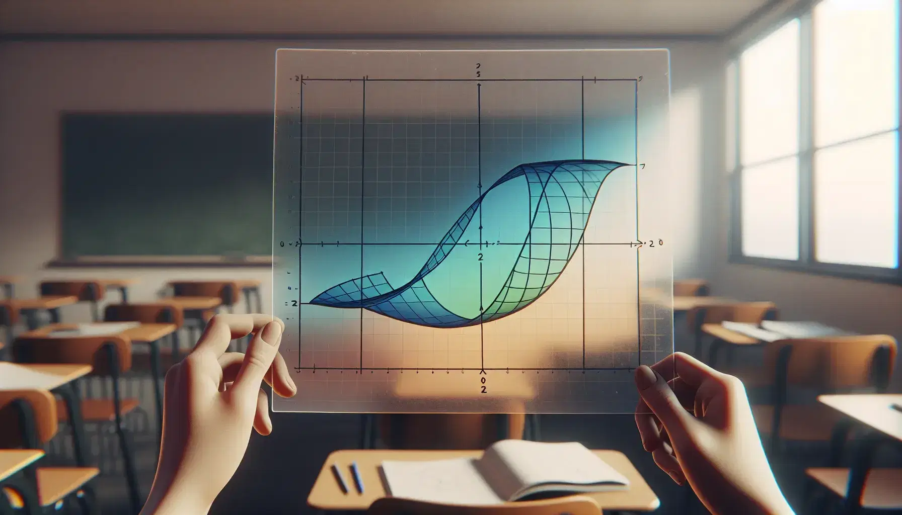 Hands holding two transparent sheets with contrasting curves, one blue-to-green rising left to right, the other orange-to-yellow right to left, in a blurred classroom setting.