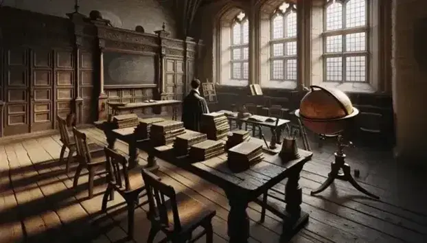 Aula antigua con mesa de madera, sillas altas, libros apilados, pizarra vacía, globo terráqueo y telescopio junto a ventana, figura humana de espaldas con libro y compás.