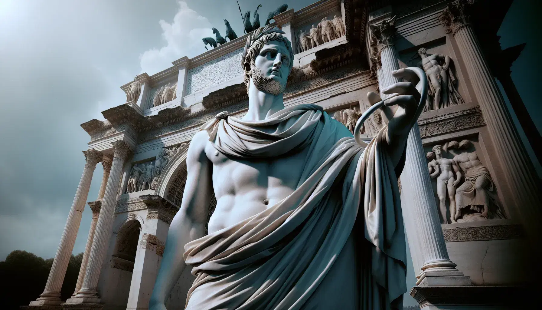 Statua in marmo bianco di figura regale con diadema e drappeggi, braccio alzato verso oggetto mancante, su sfondo di arco trionfale con colonne corinzie.