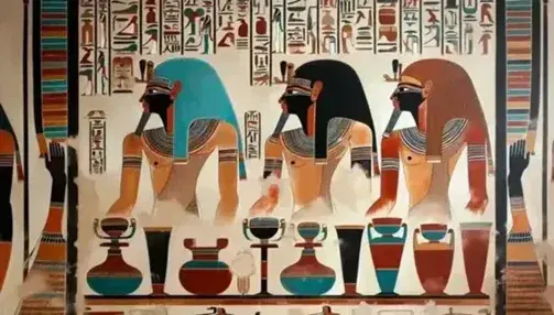 Ancient Egyptian painting with three figures in traditional clothing and offerings, flanked by a stone statue, on display in a museum.