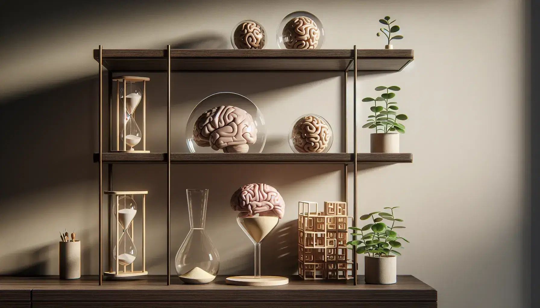Estante de madera oscuro con esferas de vidrio, planta en maceta, reloj de arena y modelo anatómico de cerebro junto a rompecabezas 3D.