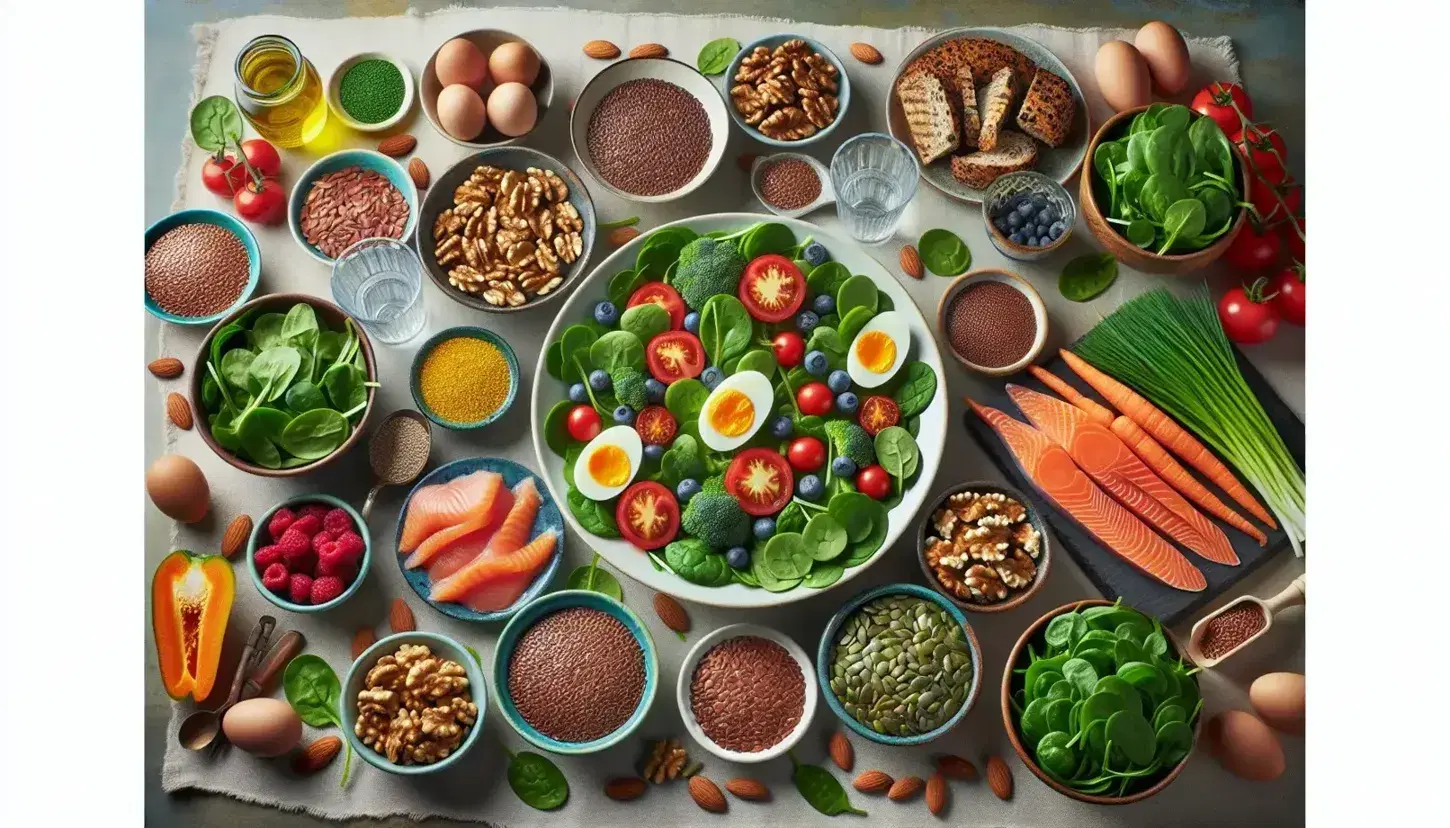 Tavola imbandita con insalata verde, semi di lino, varietà di frutta secca, petto di pollo, filetti di salmone, uova sode e bacche colorate, enfasi su idratazione con acqua.