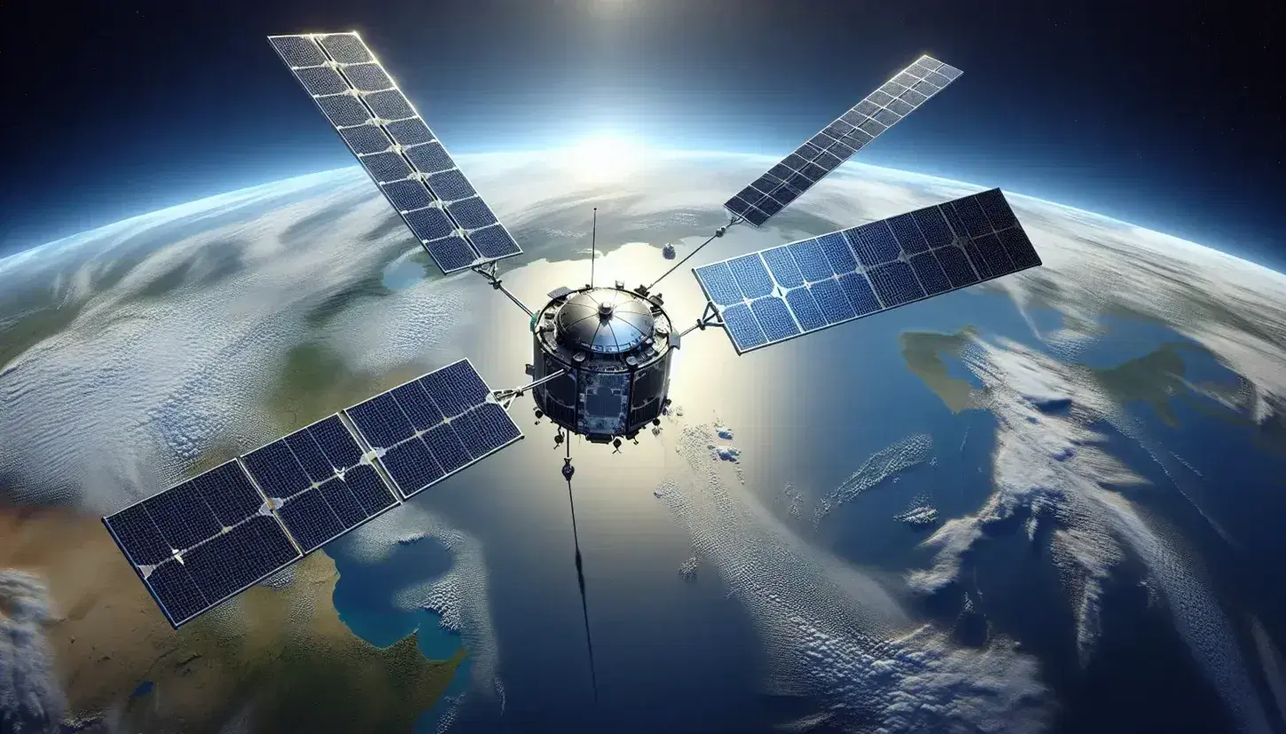 Tres satélites artificiales en órbita con paneles solares desplegados sobre la Tierra estilizada con océanos azules y relieves verdes, bajo un cielo azul con nubes dispersas.