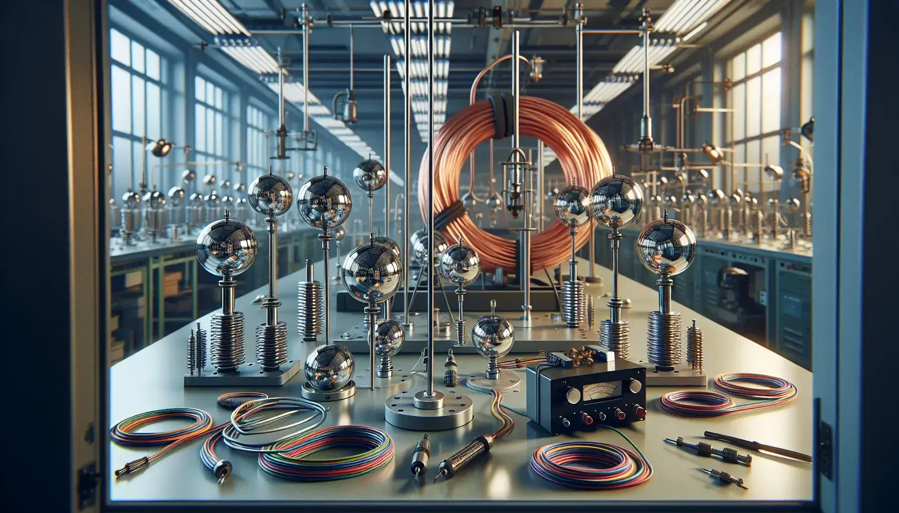 Laboratorio de física con esferas metálicas en soportes aislantes, cables de colores y generador de voltaje, junto a bobina de cobre y trípode con anillo metálico.
