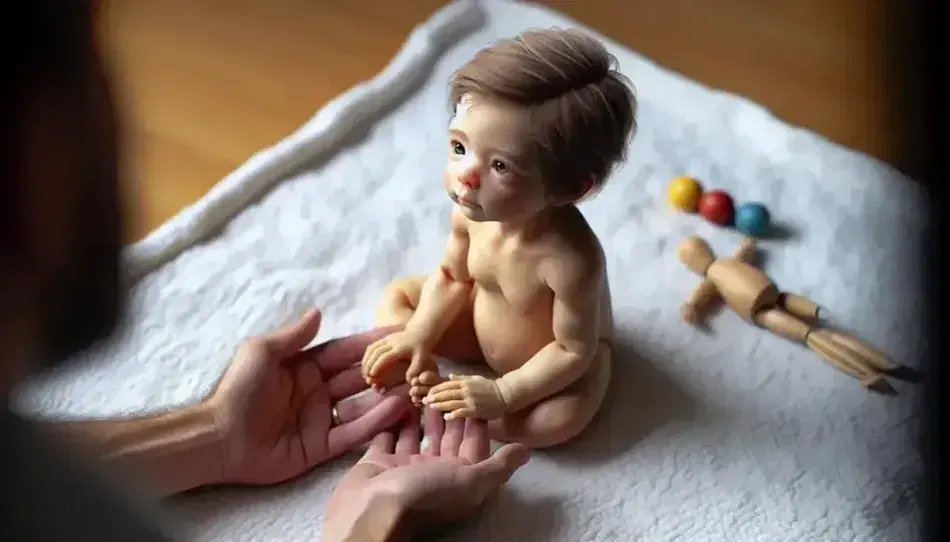 Infant in yellow onesie reaching for adult hands on white blanket, with a blurred wooden toy in the background.