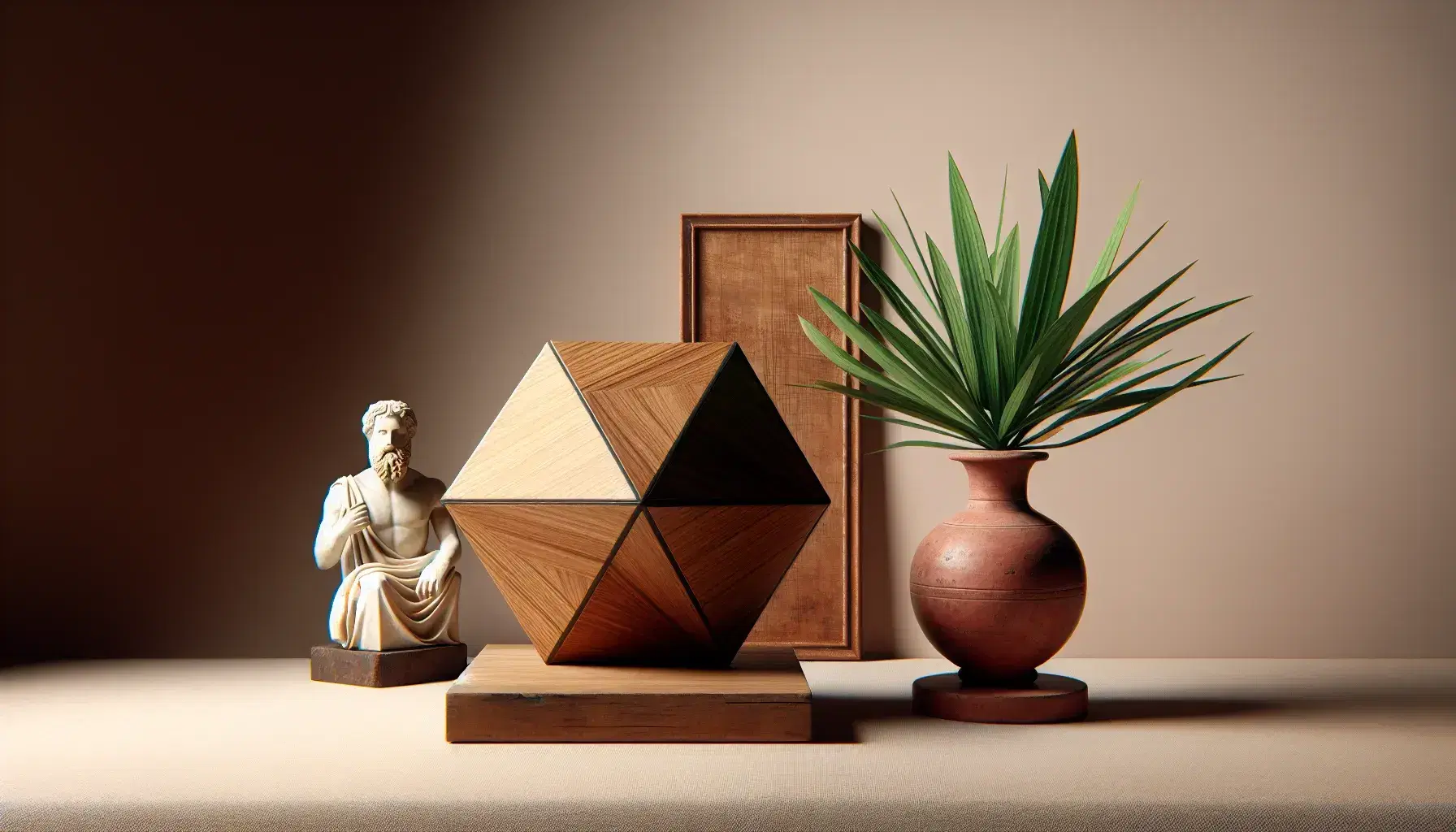 Composizione fotografica con tetraedro in legno, statuetta di marmo di Pitagora, pianta in vaso di terracotta e antico strumento a corde su sfondo beige.