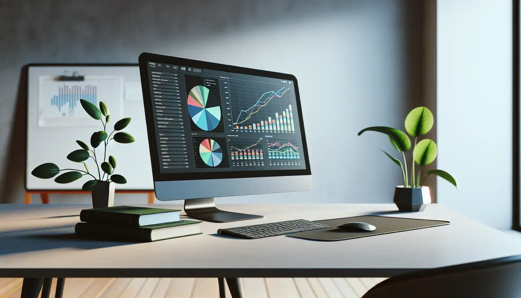 Tidy office with modern desk, monitor with colorful graphs, keyboard, mouse, hardback book and green plant, blurred white board in background.