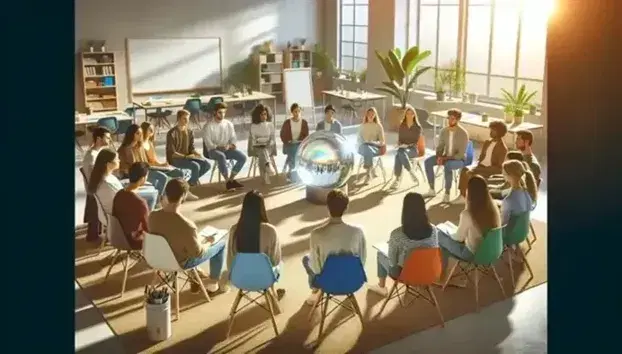Grupo diverso de estudiantes en círculo en aula iluminada con esfera de vidrio en el centro, reflejando luz y colores, en ambiente de aprendizaje colaborativo.