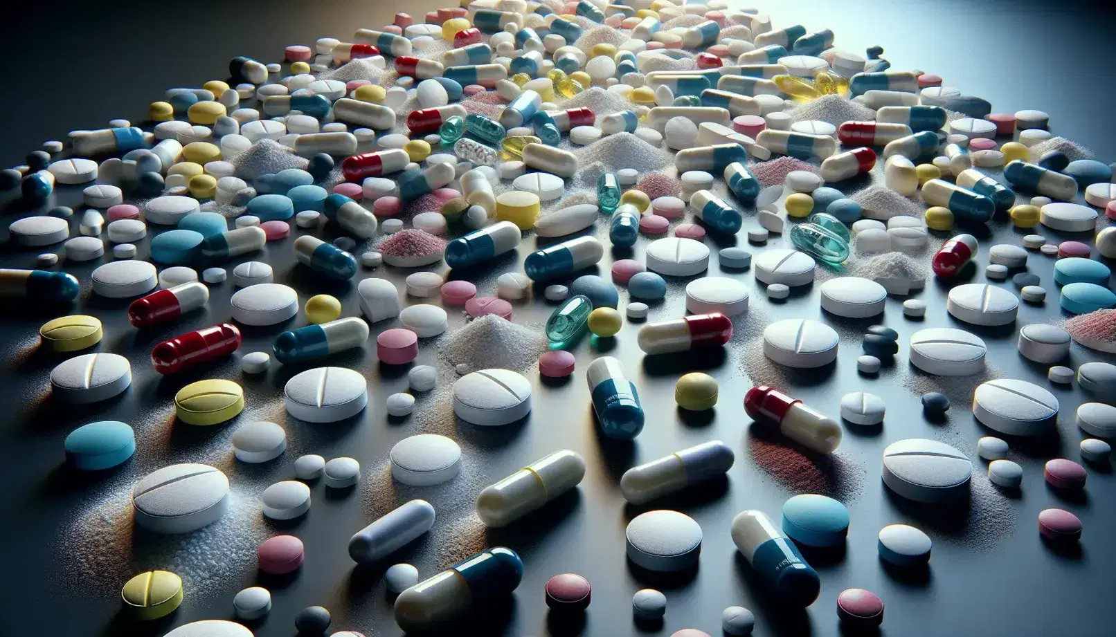 Assorted pharmaceutical pills and capsules in various shapes and colors scattered on a dark surface, highlighting the diversity of medication forms.