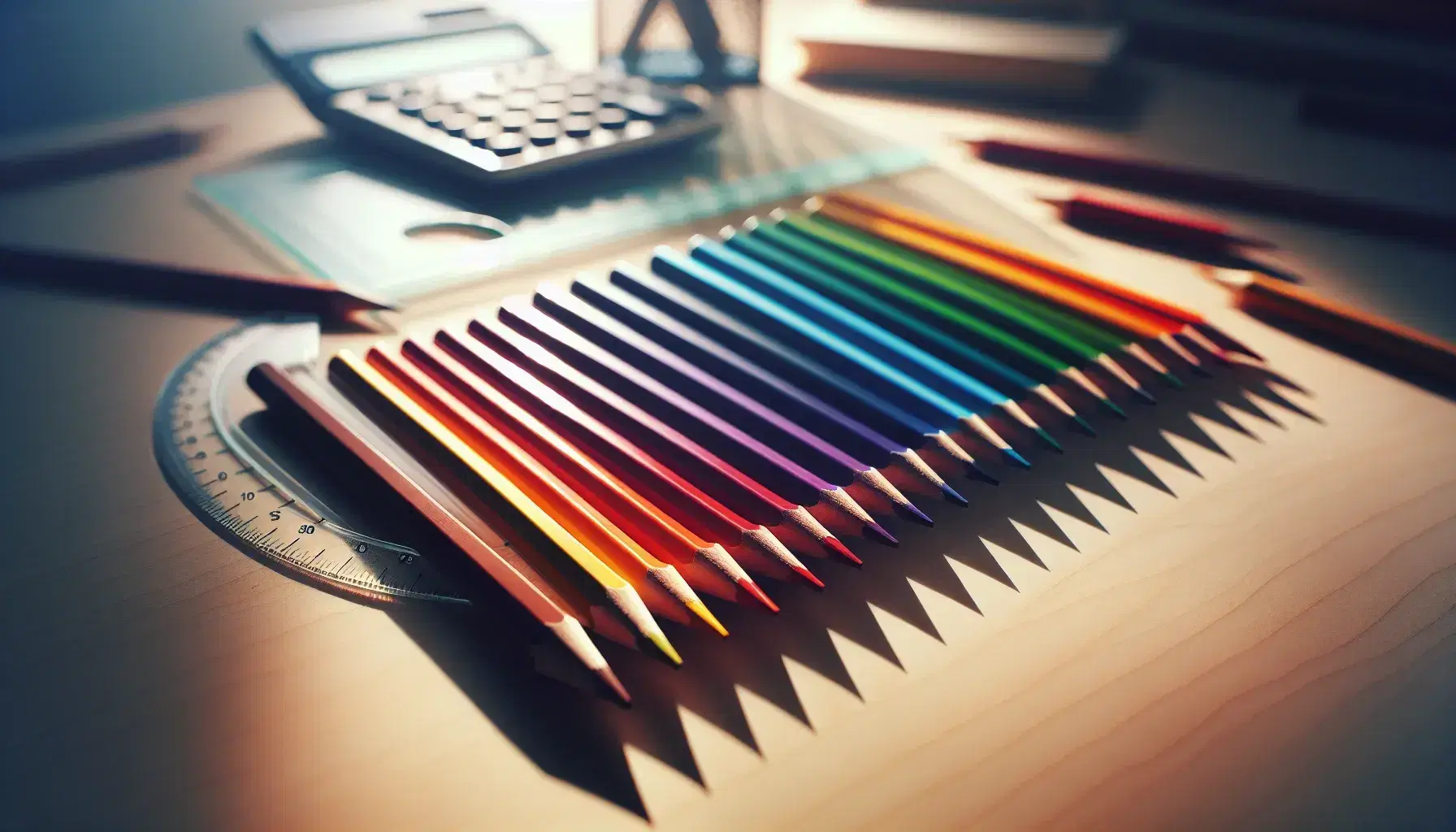 Matite colorate in ordine decrescente di lunghezza su superficie in legno chiaro, con sfumature arcobaleno, protractor e calcolatrice sfocati sullo sfondo.