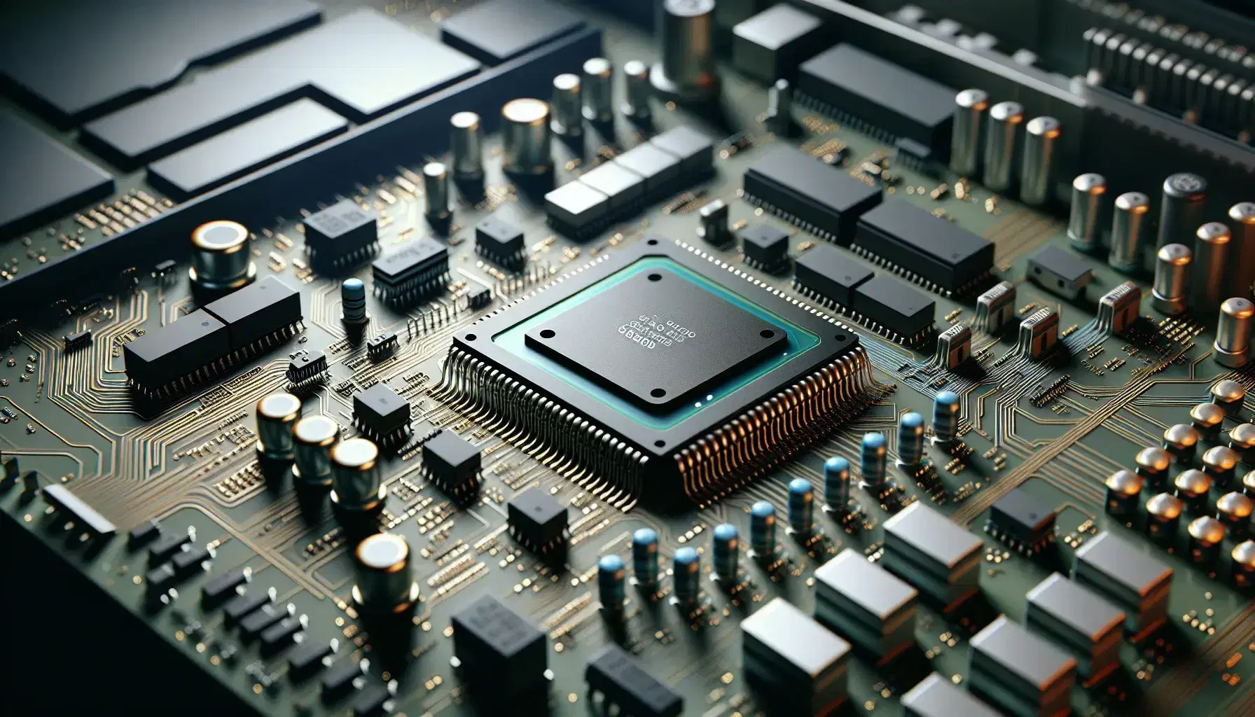 Microprocessore modello 68,000 con pin dorati al centro, circondato da componenti elettronici colorati su superficie neutra.