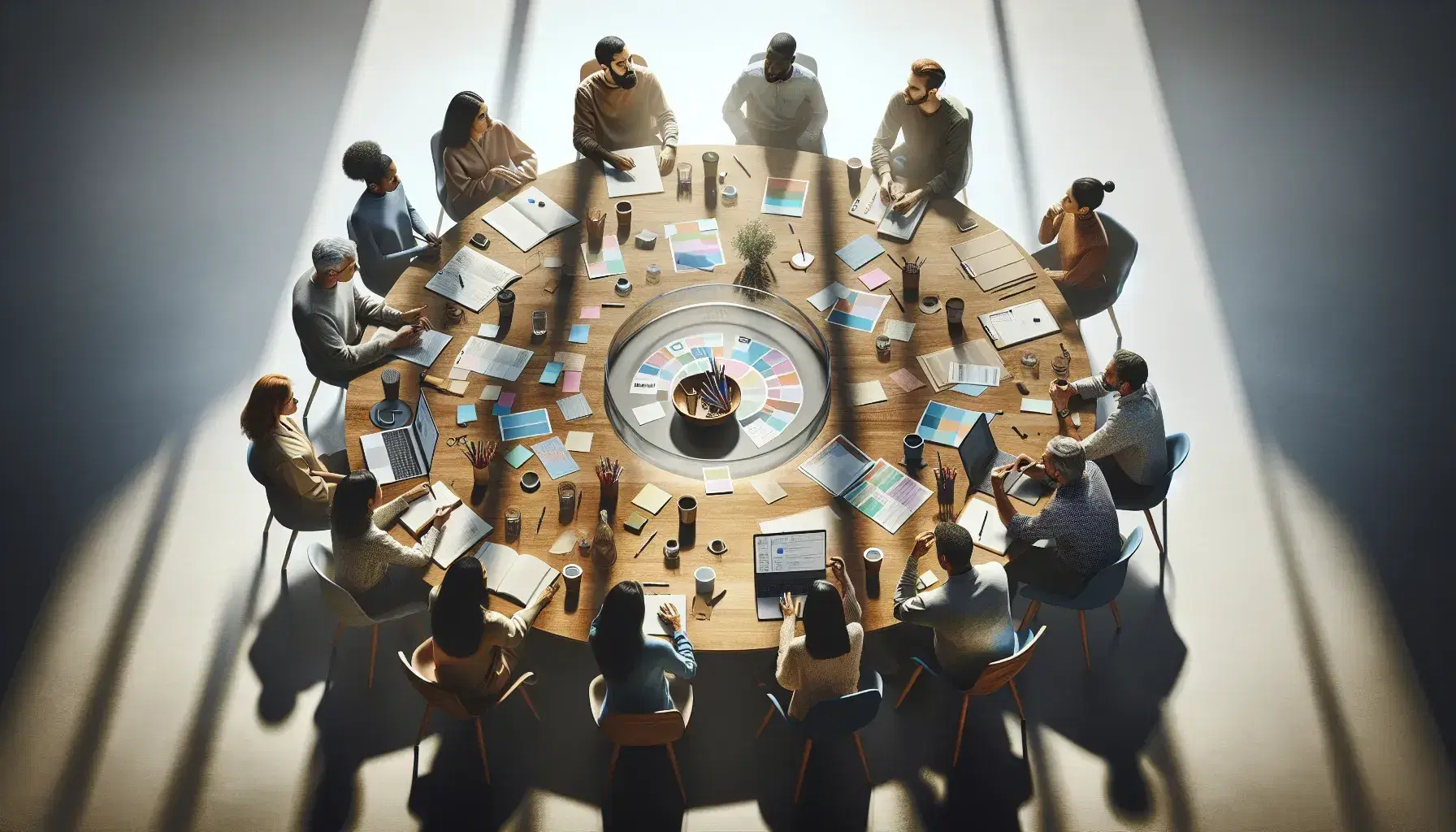 Multi-ethnic group of men and women meeting around an oval table with laptop, papers, pens and cups of coffee, in a naturally lit room.