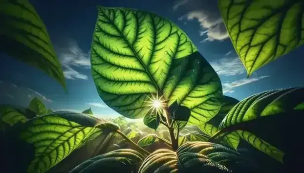 Planta verde con hojas anchas y luminosas en proceso de fotosíntesis, con gotas de rocío reflejando la luz solar y cielo azul con nubes al fondo.