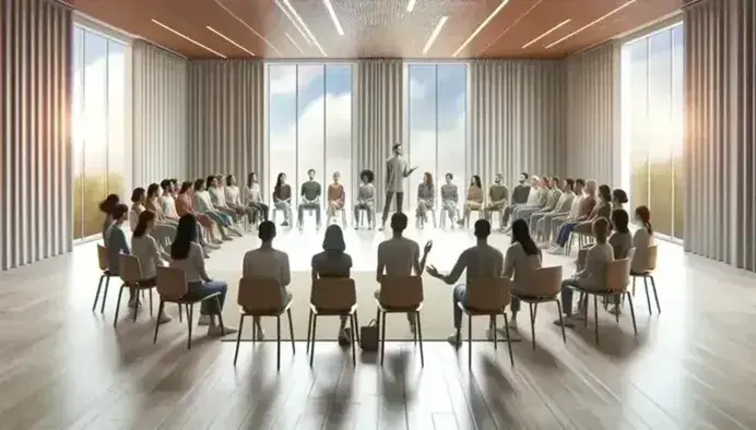 Grupo diverso participando en un taller interactivo en una sala iluminada con luz natural, con una persona de pie liderando la sesión.