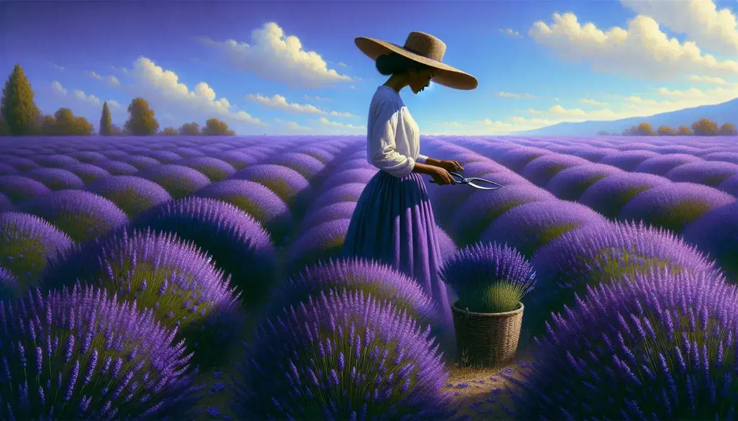 Woman pruning lavender in a vibrant purple field under a clear blue sky, with a basket of freshly cut stems beside her.