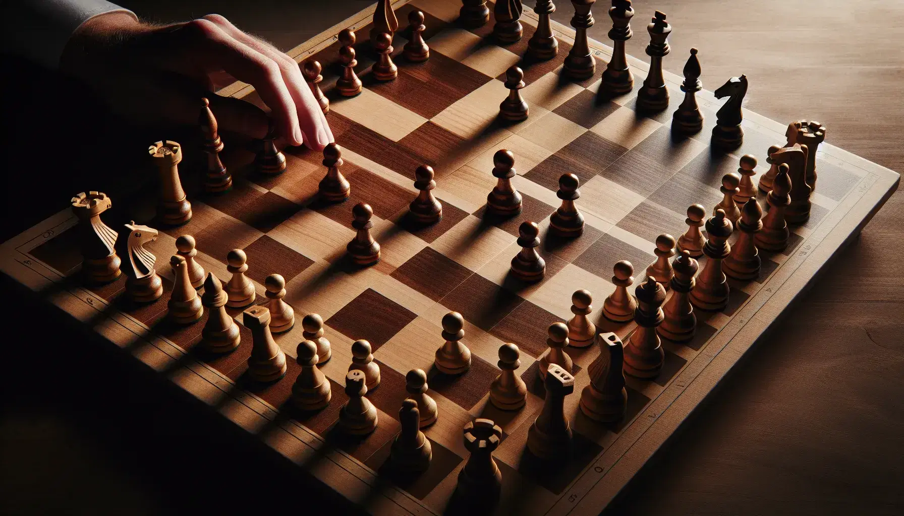 Tablero de ajedrez de madera con piezas en medio juego y mano de jugador preparándose para mover, iluminación suave y sombras leves.