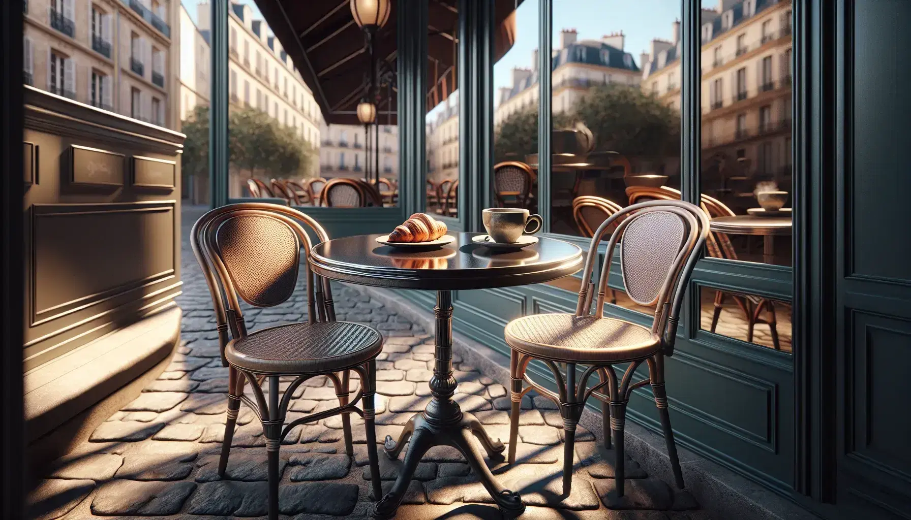 Serene French café scene with a round bistro table, Parisian chairs, a half-filled coffee cup, and a flaky croissant on a cobblestone street.