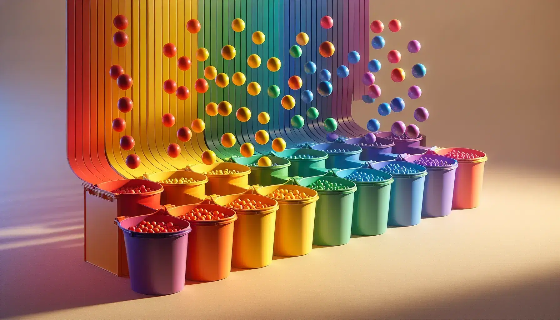Colorful plastic buckets in a row with matching hanging balls ready to sort, light shadows on light surface.