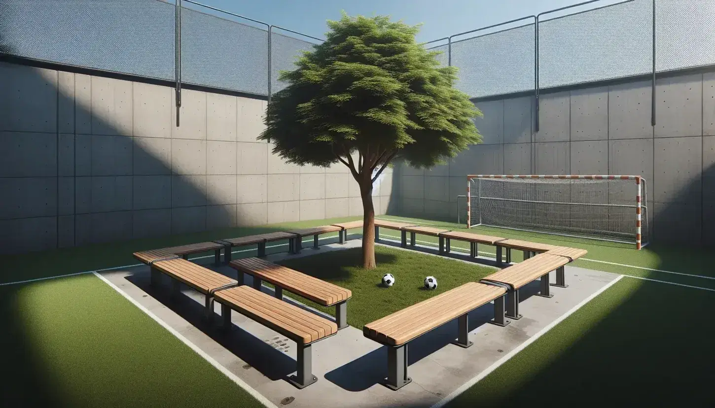 Bancos de madera con patas de metal en forma de U alrededor de un árbol frondoso, balón de fútbol al lado, cerca de malla y campo verde bajo cielo azul.