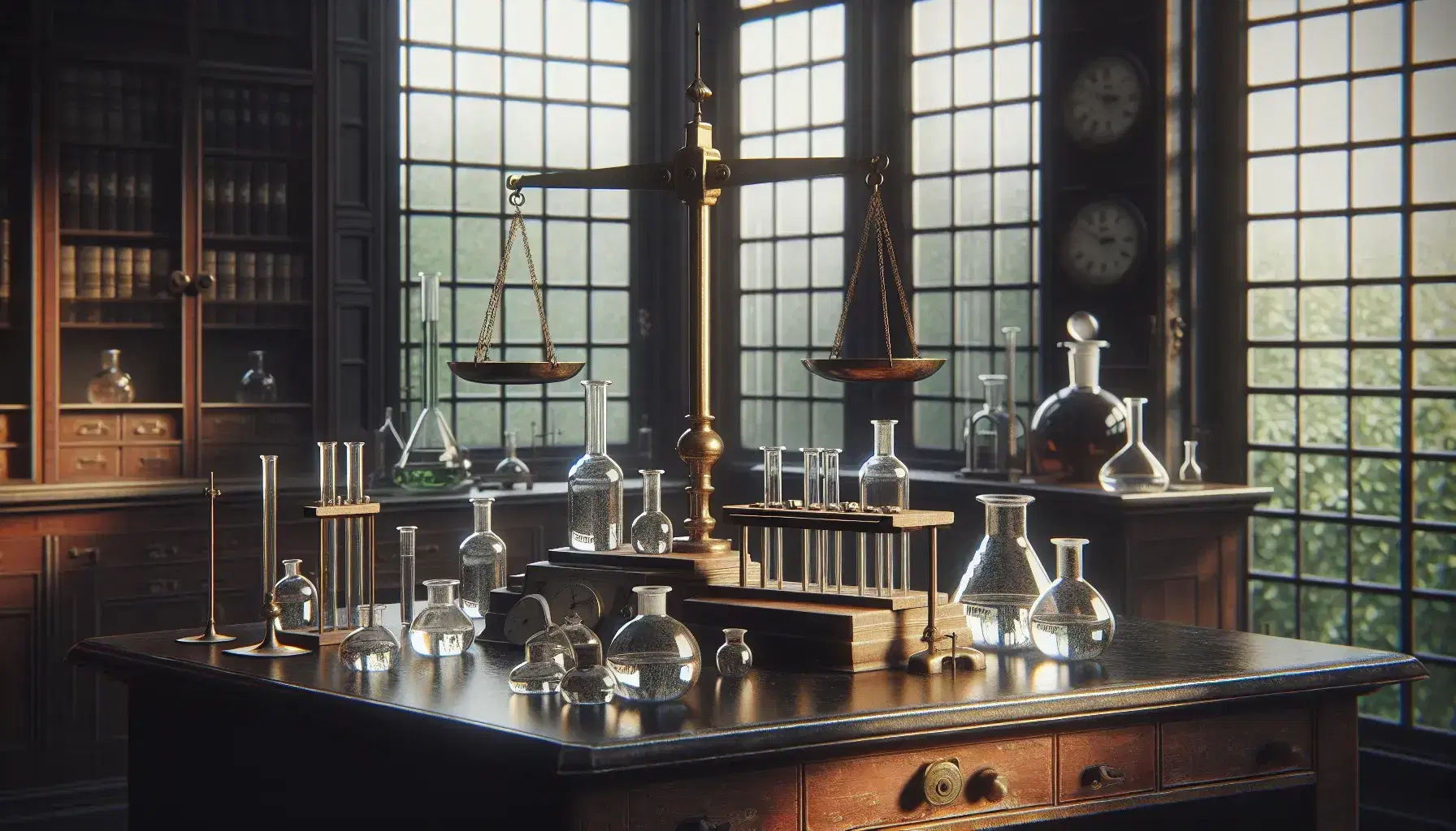 Historic science laboratory with wooden table, brass scales, shiny weights and glassware on illuminated window background.