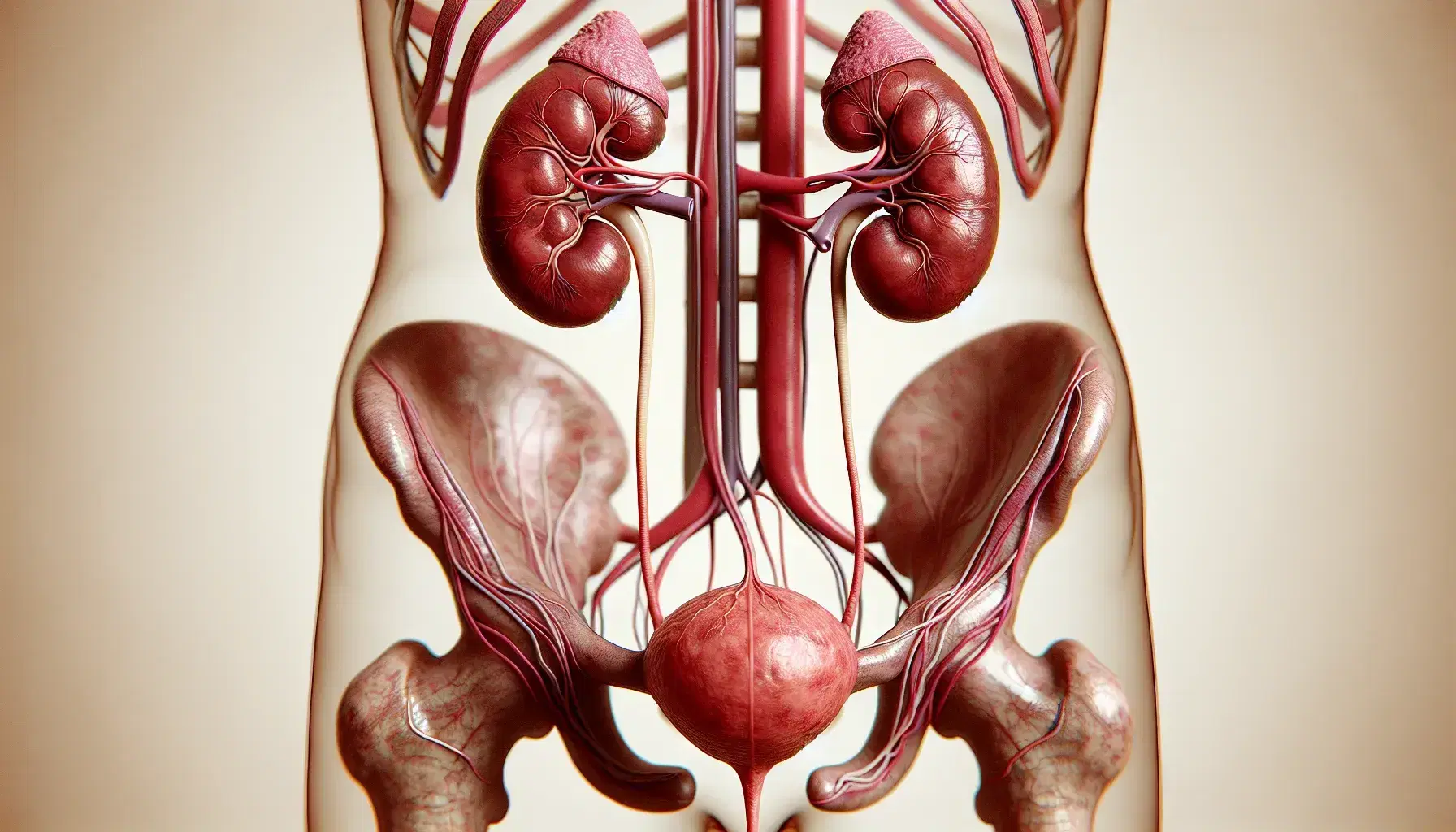 Sistema urinario humano con riñones rojizos, ureteres rosados, vejiga y uretra, en disposición anatómica realista y sin distracciones.