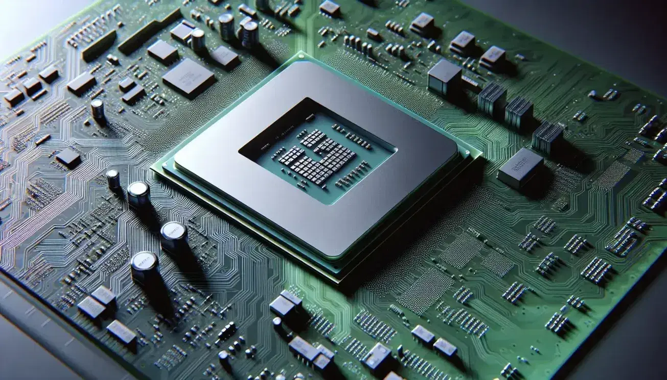 Close up of a modern CPU on green motherboard with visible electronic components and highlighted control unit section.